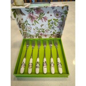 Portmeirion Botanic Garden Pastry Forks Set Of 6 porcelain & stainless steel NIB